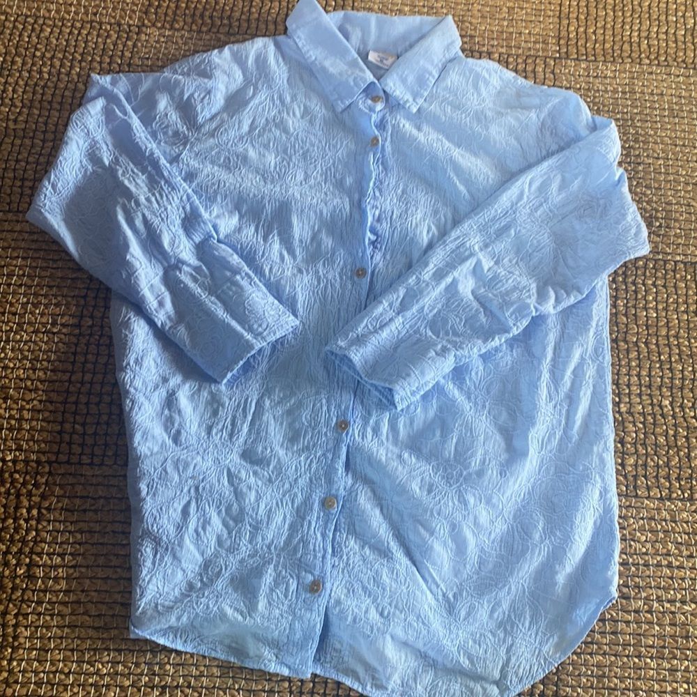 Sea Breeze Pale Blue Cotton Textured Fabric Blouse Coverup Size XL